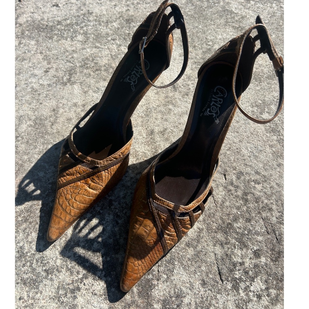 Carlos by Carlos Santana Retro Brown Croc Embossed Pointed Toe Ankle Strap Heels